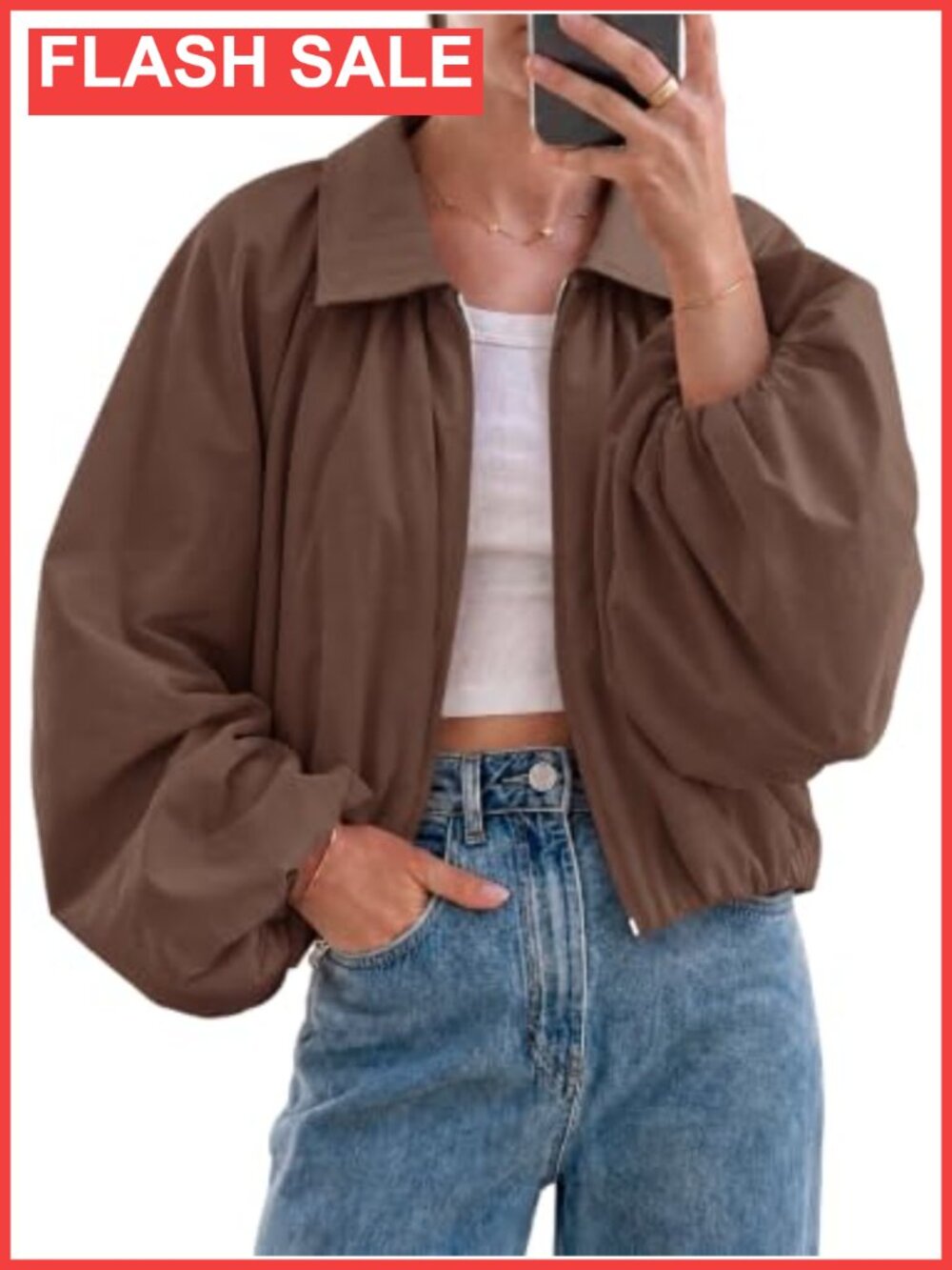 Tankaneo Womens Cropped Bomber Jacket Zip Up Balloon Sleeve Casual Outerwear
